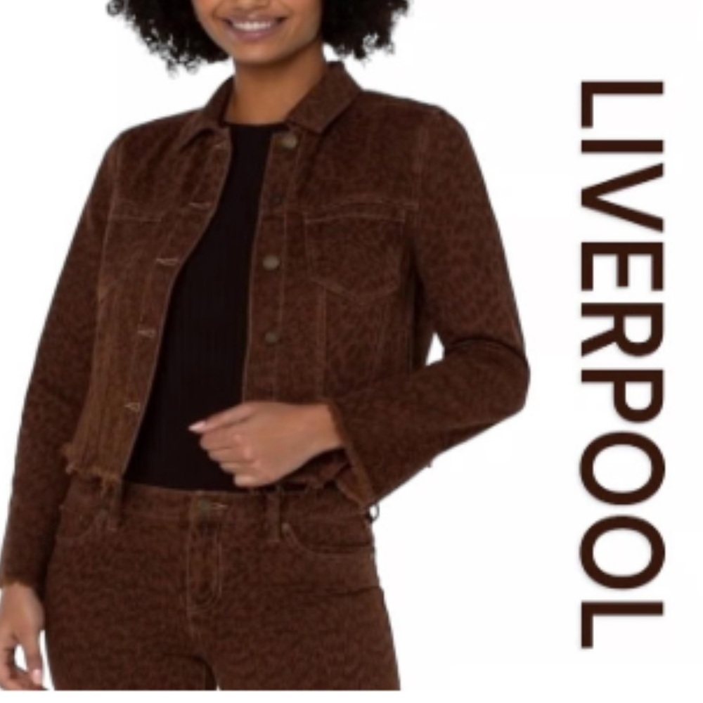 NWT Liverpool Animal Printed Cropped Jacket with Fray Hem Brown